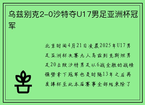乌兹别克2-0沙特夺U17男足亚洲杯冠军